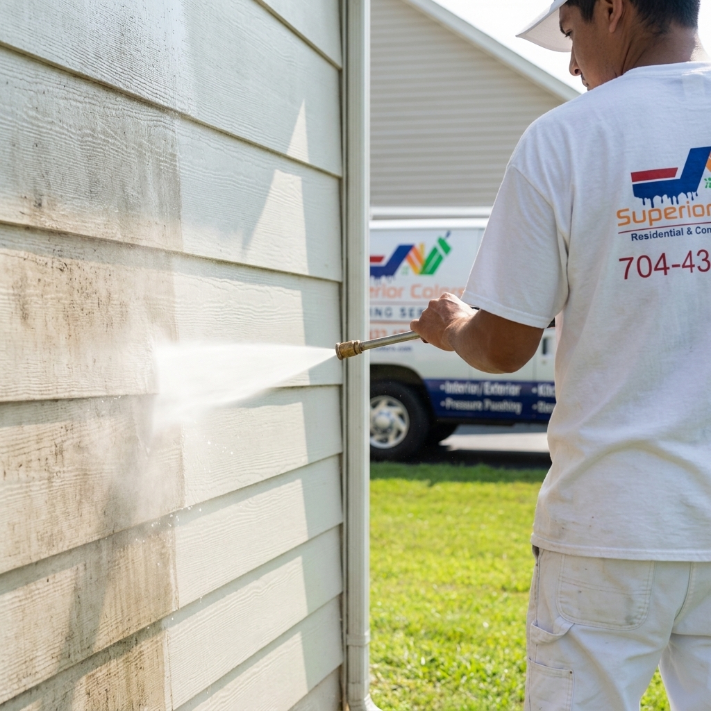 superior colors worker pressure washing the side of a home