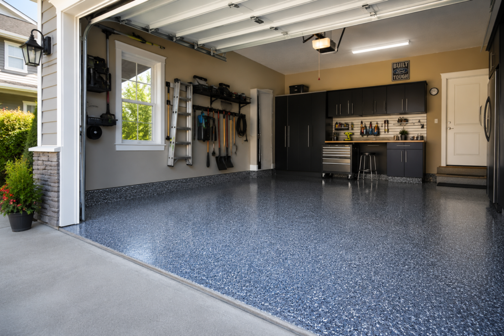 a garage floor with a new blue epoxy coating