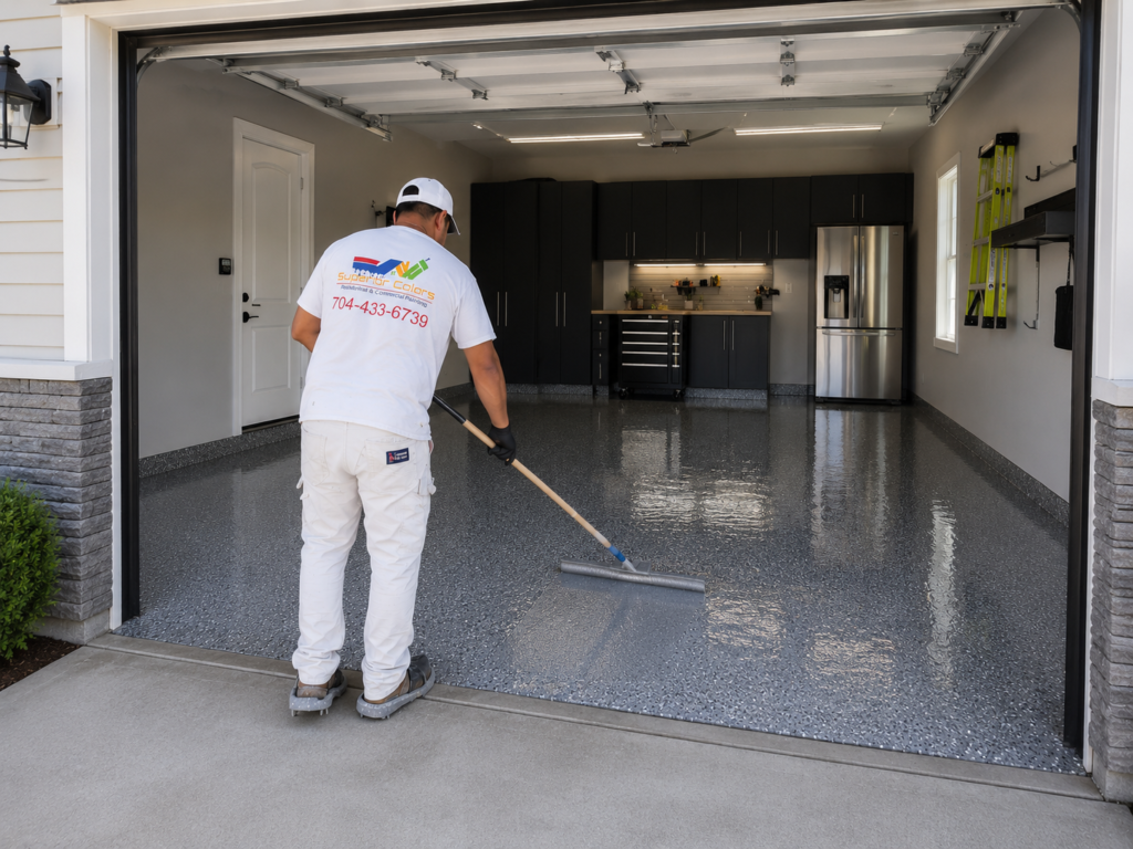 superior colors worker spreading epoxy on garage floor