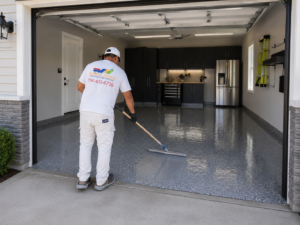 superior colors worker spreading epoxy on garage floor